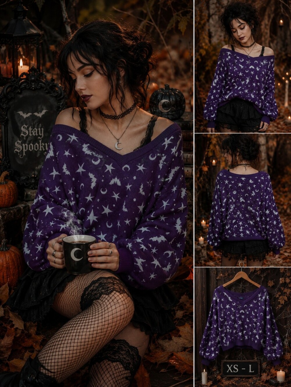Elhoffer Purple Whimsigoth Star Bat Print XS S M L Purple Sweater Retro